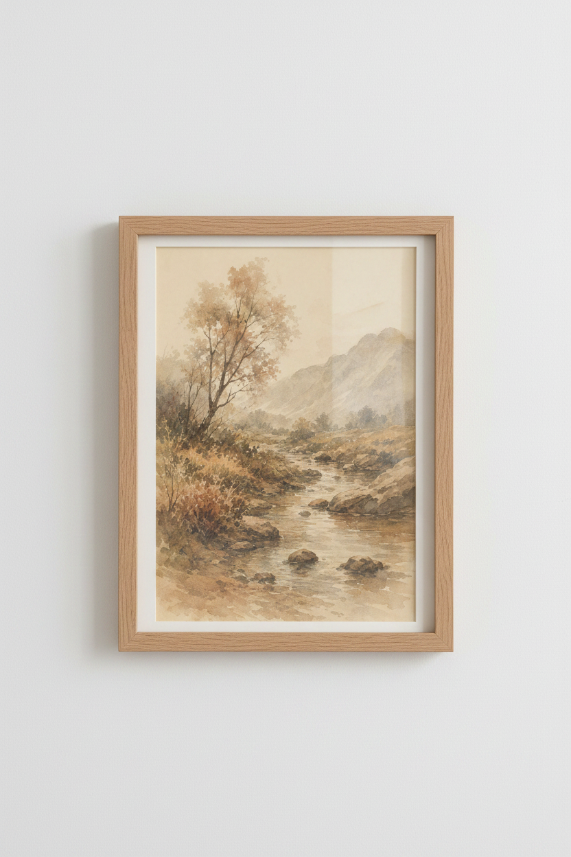 Vintage Mountain River Watercolor Landscape | Neutral Tone Decor | Rustic Poster