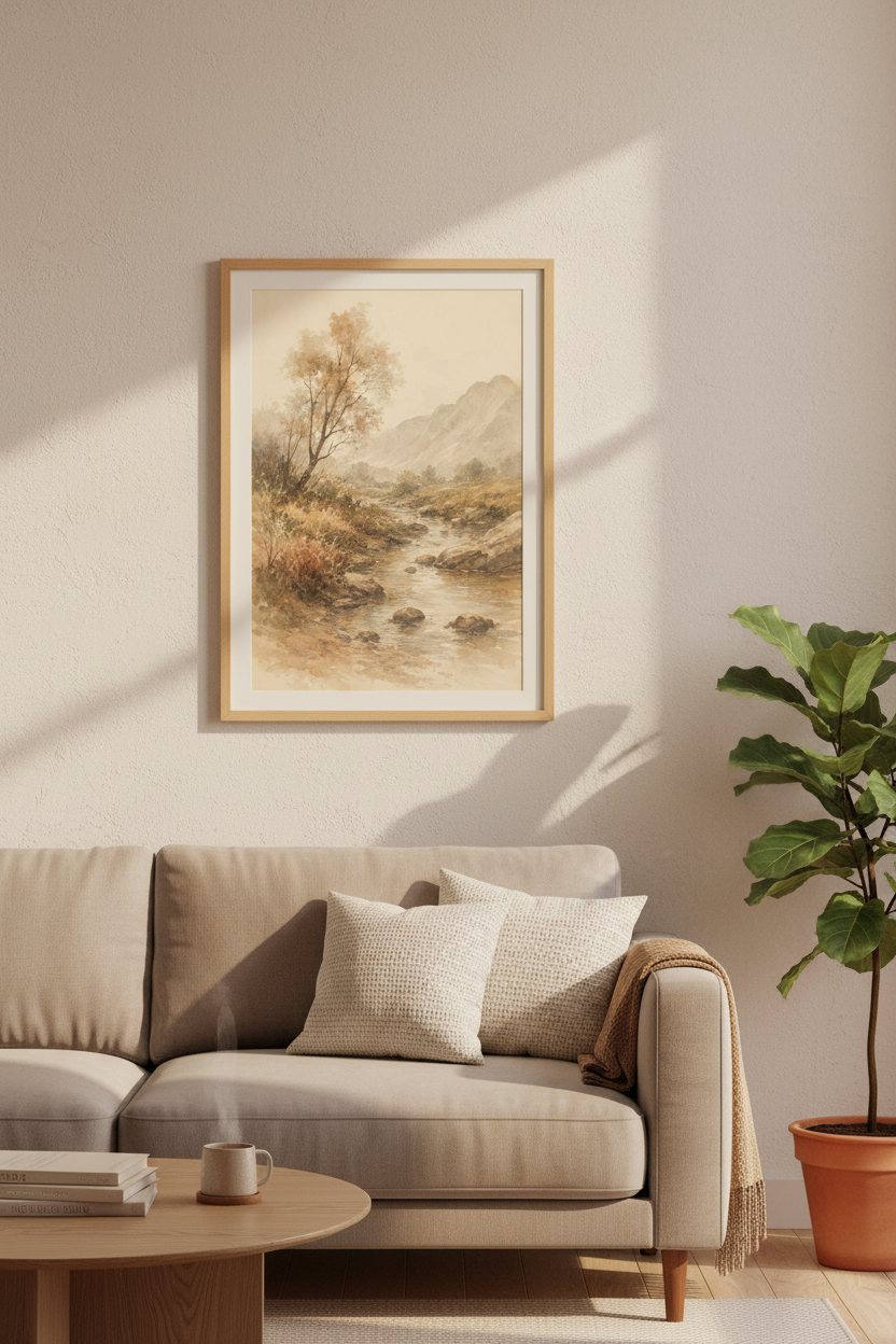 Vintage Mountain River Watercolor Landscape | Neutral Tone Decor | Rustic Poster