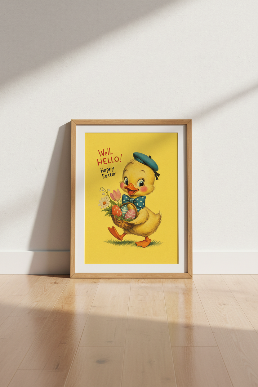 Vintage Duckling Happy Easter Wall Art | Nursery Decor | Retro Kitsch Poster