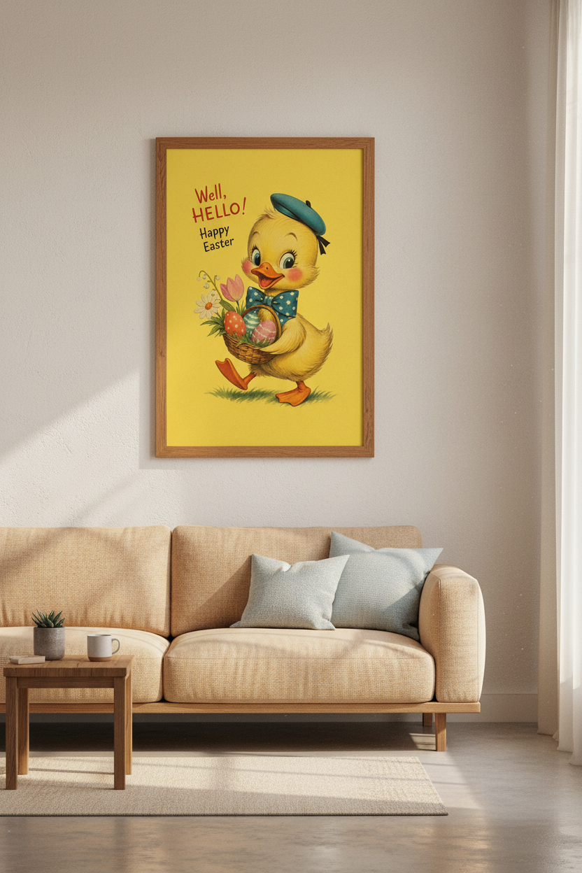 Vintage Duckling Happy Easter Wall Art | Nursery Decor | Retro Kitsch Poster