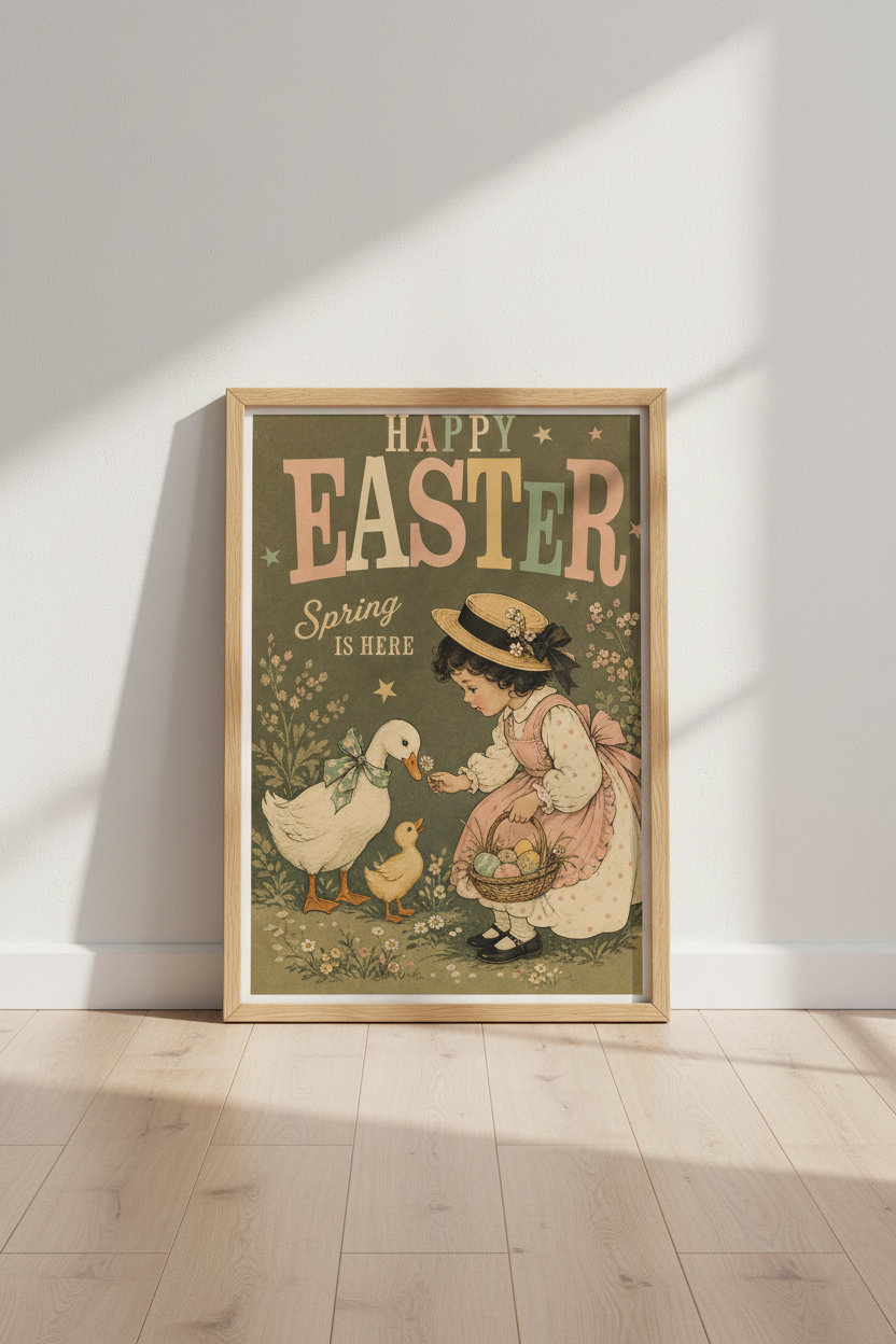 Vintage Easter Girl &amp; Ducks Wall Art | Spring Nursery Decor | Retro Cottagecore Poster