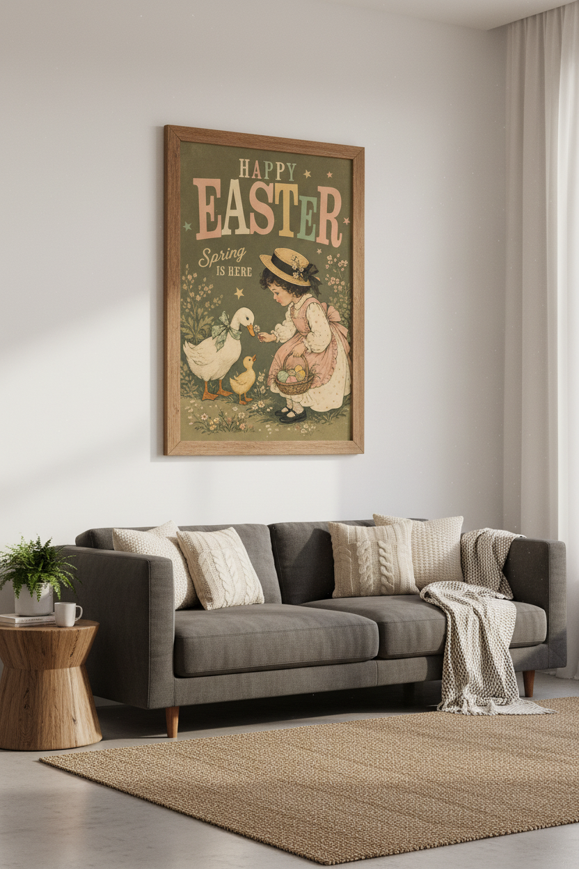 Vintage Easter Girl &amp; Ducks Wall Art | Spring Nursery Decor | Retro Cottagecore Poster
