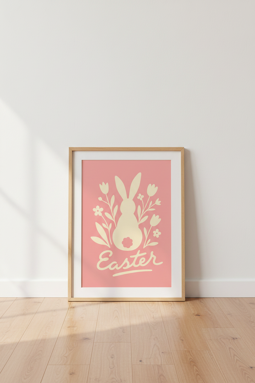 Easter Bunny Floral Art Print | Pink Spring Nursery Decor | Minimalist Poster