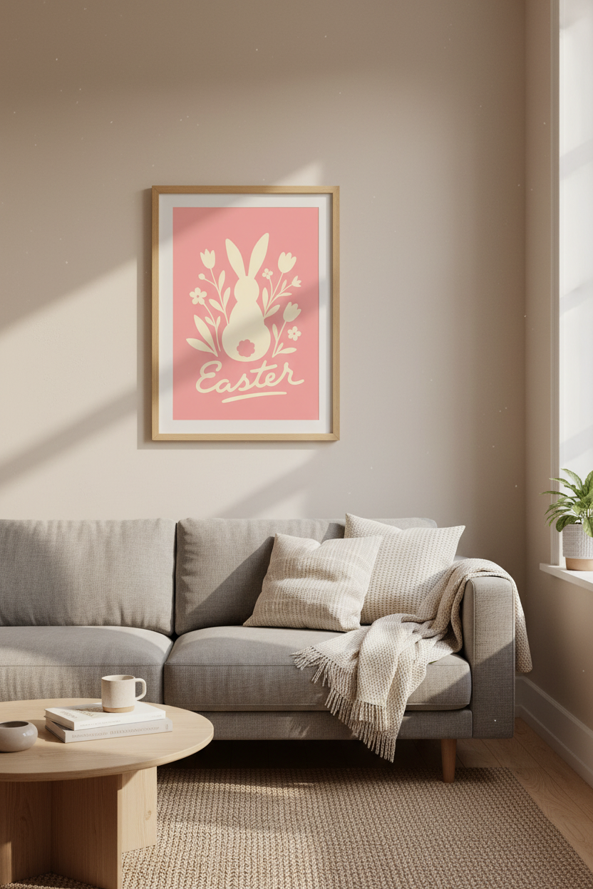 Easter Bunny Floral Art Print | Pink Spring Nursery Decor | Minimalist Poster