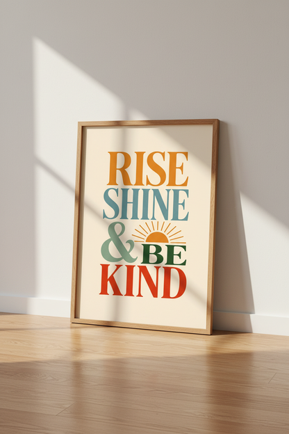 Rise Shine &amp; Be Kind Wall Art | Retro Typography Poster | Boho Nursery Decor