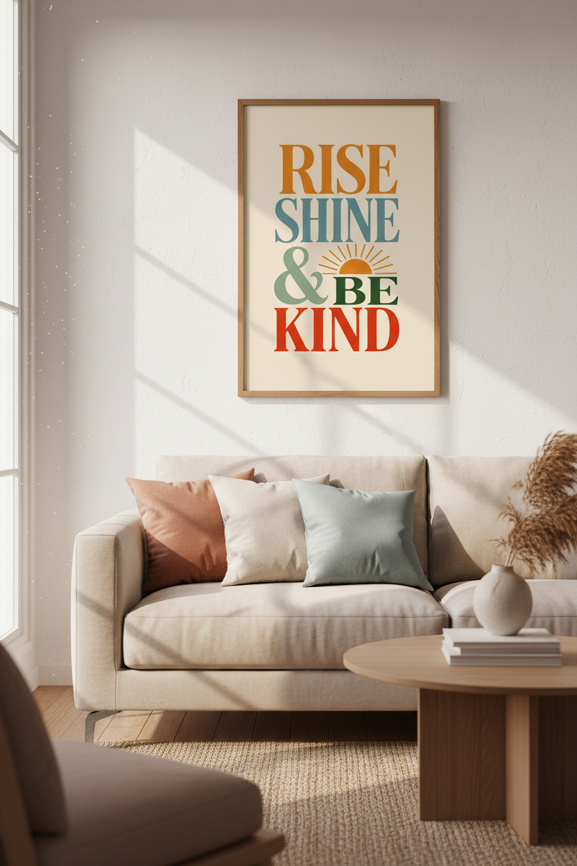 Rise Shine &amp; Be Kind Wall Art | Retro Typography Poster | Boho Nursery Decor