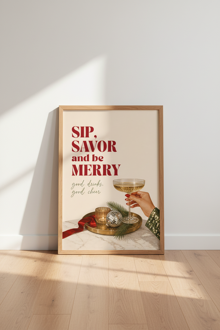 Festive Bar Cart Print | Vintage Christmas Cocktail Poster, Holiday Gallery Wall Art