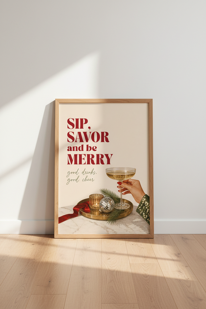 Festive Bar Cart Print | Vintage Christmas Cocktail Poster, Holiday Gallery Wall Art