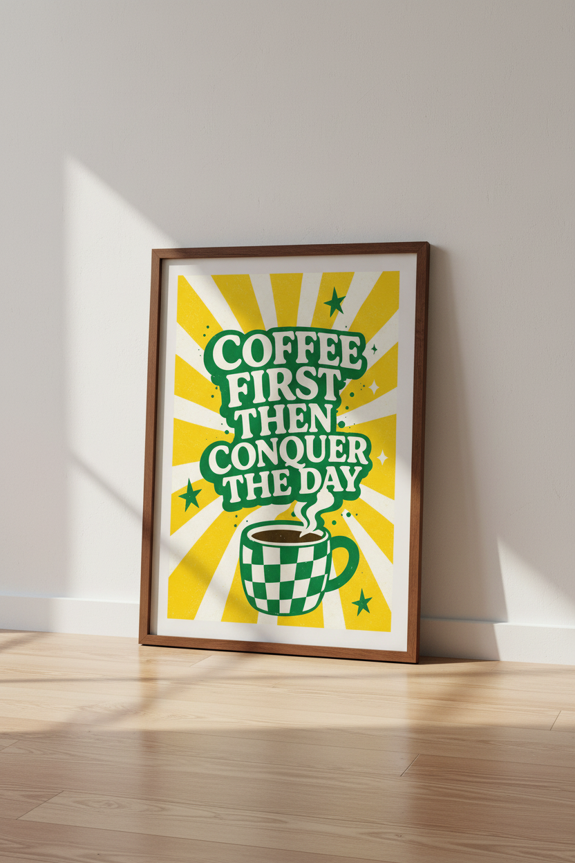 Coffee First Then Conquer The Day Wall Art | Retro Kitchen Poster | Bold Green Typography