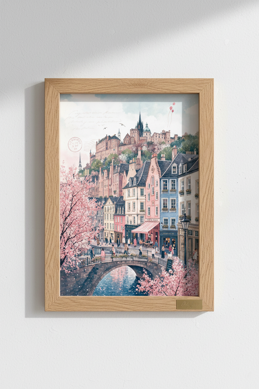 Edinburgh Scotland Cityscape Wall Art | Pastel Cherry Blossom Poster, Travel Decor