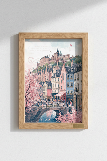 Edinburgh Scotland Cityscape Wall Art | Pastel Cherry Blossom Poster, Travel Decor