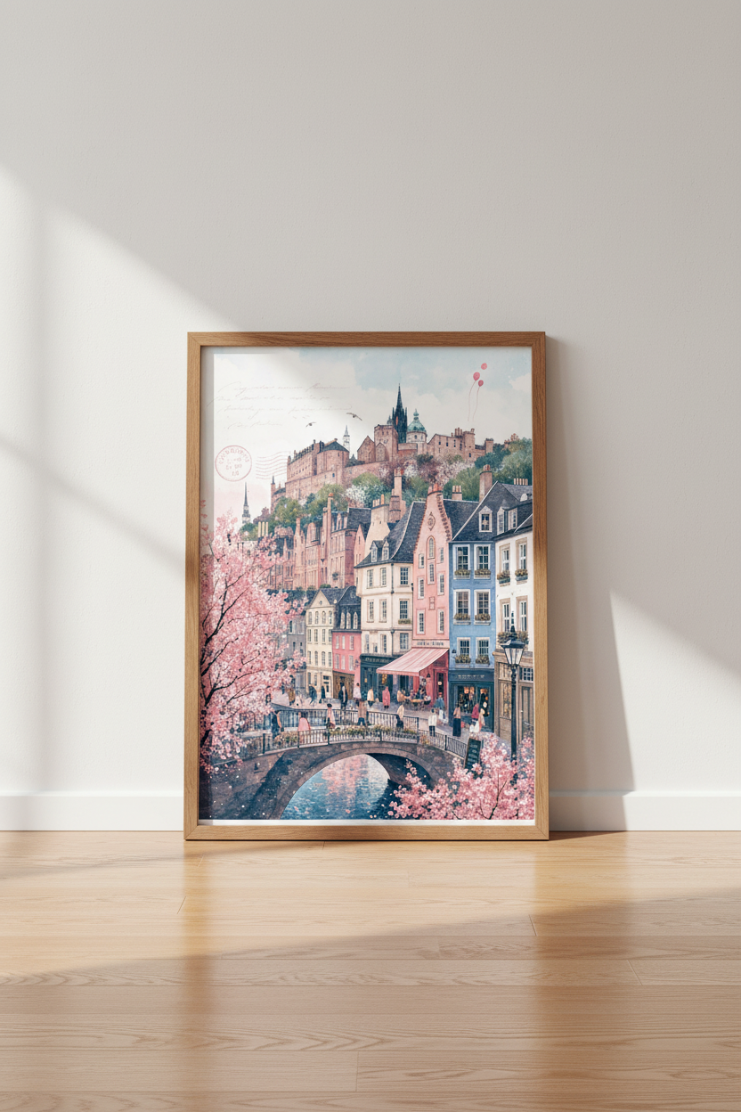 Edinburgh Scotland Cityscape Wall Art | Pastel Cherry Blossom Poster, Travel Decor