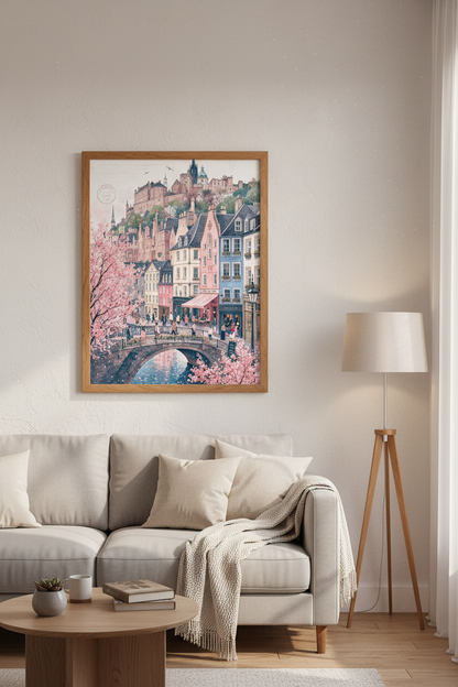 Edinburgh Scotland Cityscape Wall Art | Pastel Cherry Blossom Poster, Travel Decor