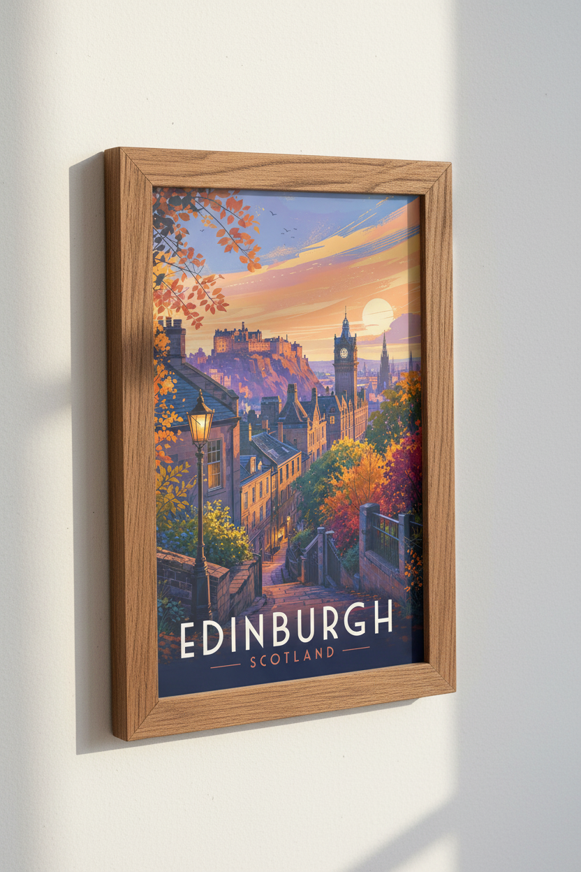 Edinburgh Scotland Travel Poster | Sunset Cityscape Wall Art | Autumn Aesthetic Decor