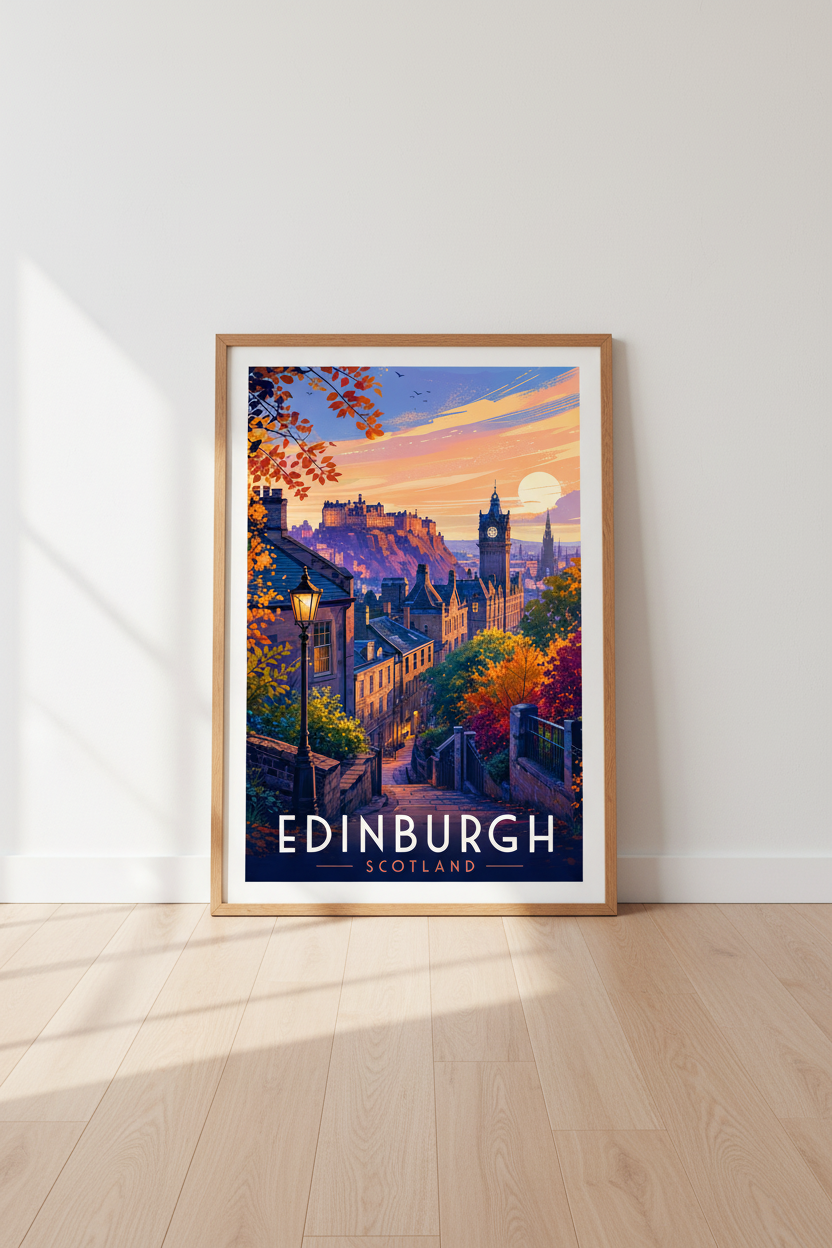 Edinburgh Scotland Travel Poster | Sunset Cityscape Wall Art | Autumn Aesthetic Decor