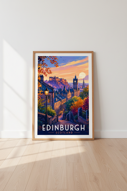 Edinburgh Scotland Travel Poster | Sunset Cityscape Wall Art | Autumn Aesthetic Decor