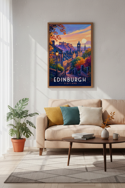 Edinburgh Scotland Travel Poster | Sunset Cityscape Wall Art | Autumn Aesthetic Decor