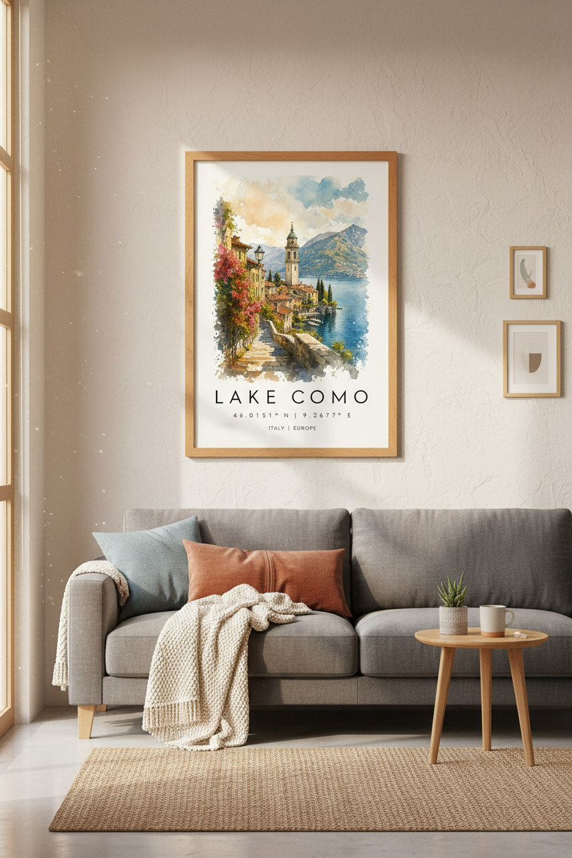 Lake Como Italy Watercolor Art | Travel Poster Print, Mediterranean Home Decor