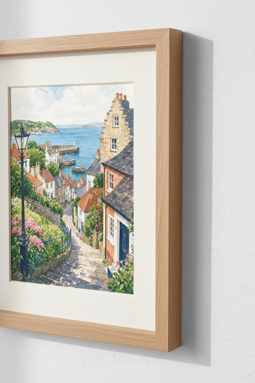 Coastal Village Watercolor Art | Seaside Harbor Poster, British Cottage Decor