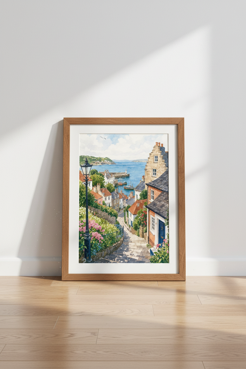 Coastal Village Watercolor Art | Seaside Harbor Poster, British Cottage Decor