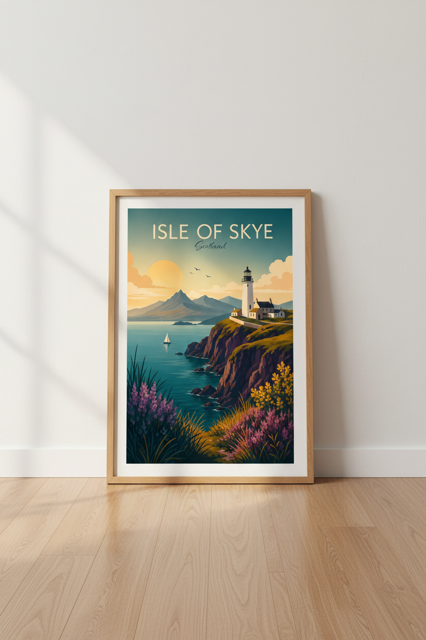 Isle of Skye Scotland Wall Art | Vintage Travel Poster, Lighthouse Print