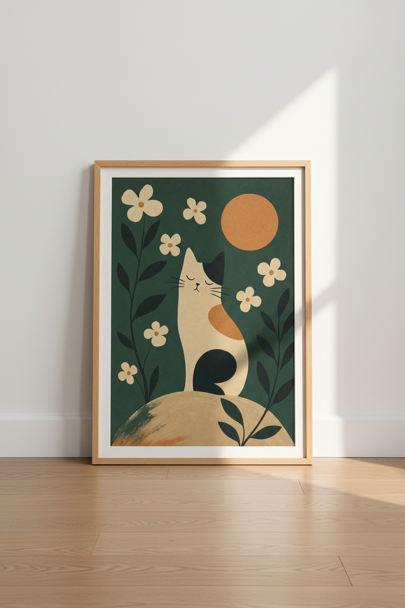 Folk Art Calico Cat Wall Art | Boho Floral Green Decor | Mid Century Modern Poster