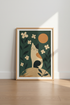 Folk Art Calico Cat Wall Art | Boho Floral Green Decor | Mid Century Modern Poster