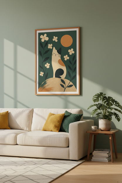 Folk Art Calico Cat Wall Art | Boho Floral Green Decor | Mid Century Modern Poster
