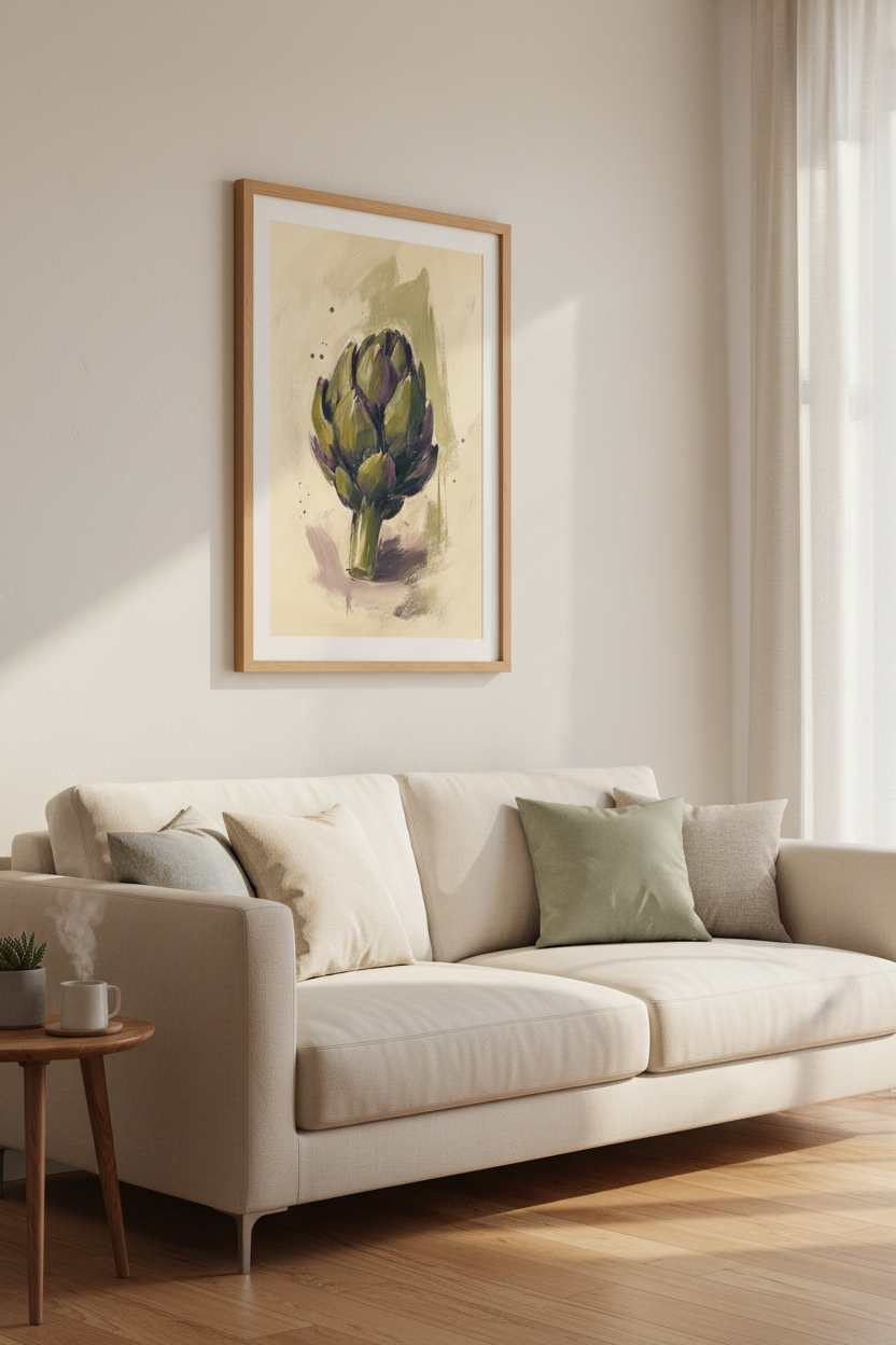 Artichoke Botanical Wall Art | Sage Green &amp; Purple Kitchen Decor | Rustic Oil Style Poster
