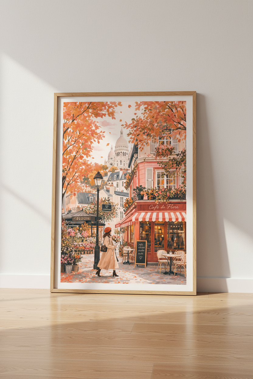 Paris Autumn Cityscape Wall Art | Cafe de Flore Decor | Warm Cottagecore Poster