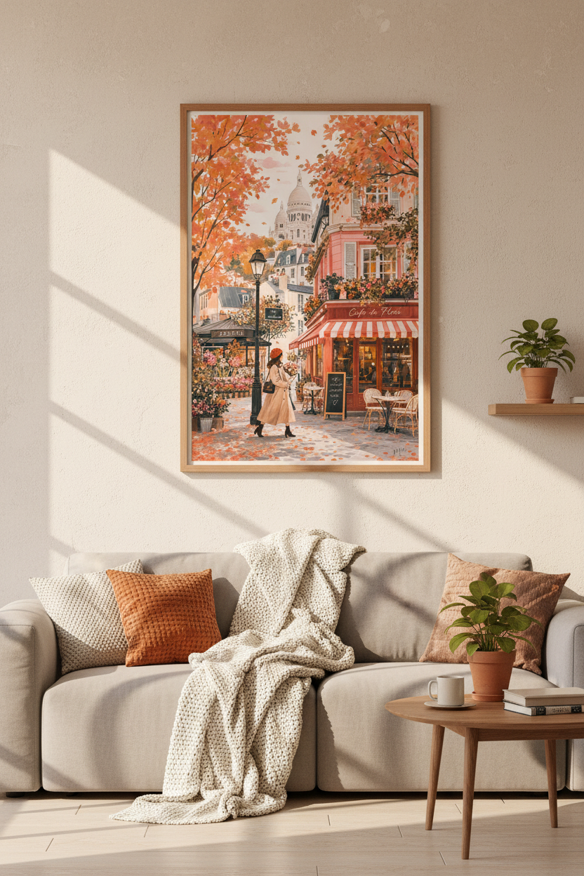 Paris Autumn Cityscape Wall Art | Cafe de Flore Decor | Warm Cottagecore Poster