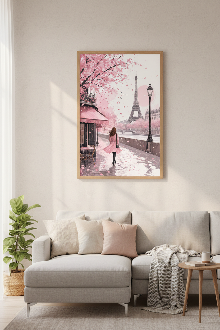 Paris Eiffel Tower Wall Art | Pink Coquette Cafe Poster | Romantic Bedroom Decor