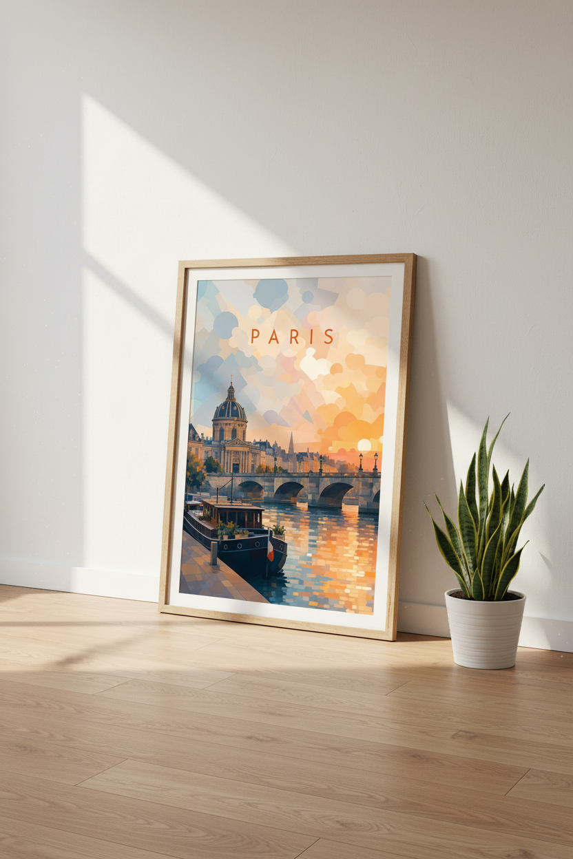 Paris Sunset Travel Poster | Colorful Abstract Cityscape, Living Room Decor