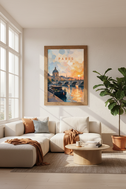 Paris Sunset Travel Poster | Colorful Abstract Cityscape, Living Room Decor