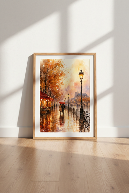 Paris Street Watercolor | Autumn Seine Cityscape Art, Romantic Home Decor