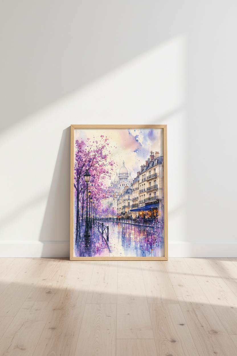 Paris Montmartre Watercolor Art | Purple Floral Cityscape, Living Room Decor