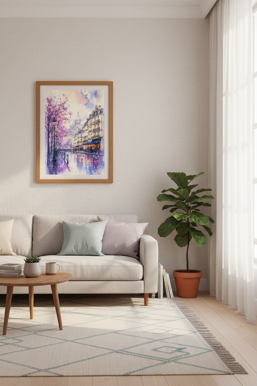 Paris Montmartre Watercolor Art | Purple Floral Cityscape, Living Room Decor