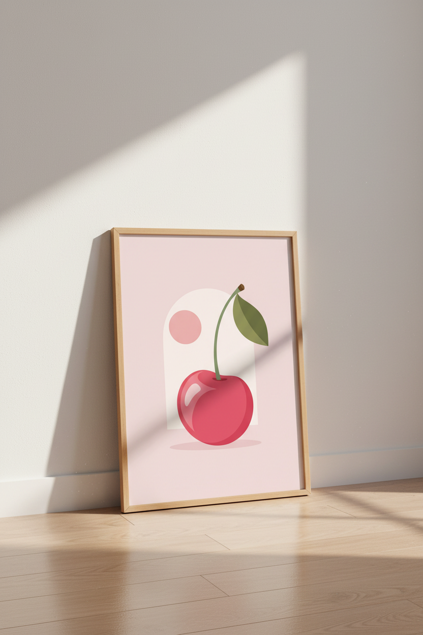Minimalist Cherry Wall Art | Pastel Pink Kitchen Decor | Modern Fruit Poster