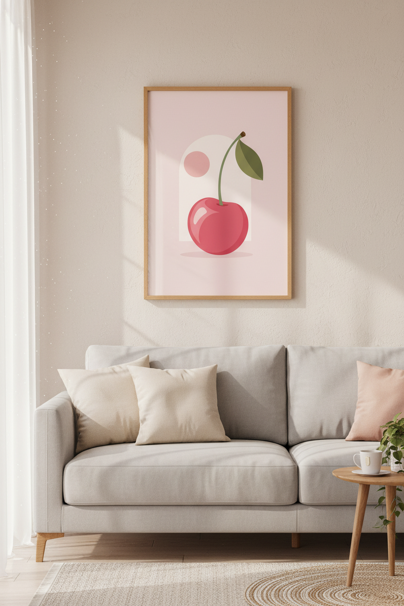 Minimalist Cherry Wall Art | Pastel Pink Kitchen Decor | Modern Fruit Poster