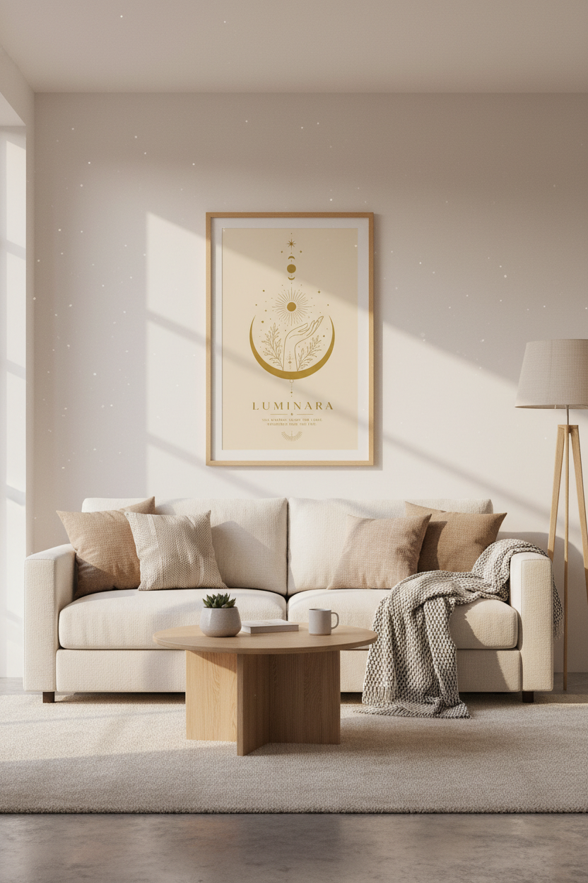 Celestial wall art | Golden sun crescent motif, Living room decor