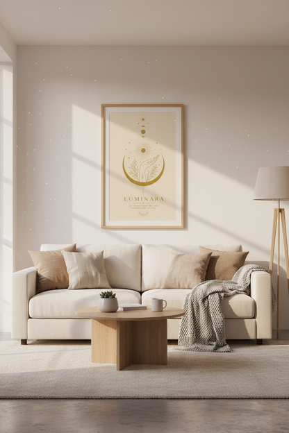Celestial wall art | Golden sun crescent motif, Living room decor