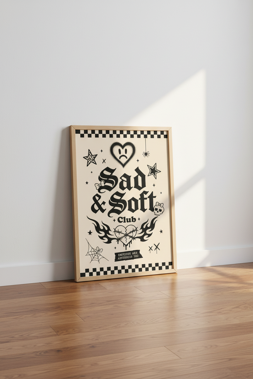 Sad &amp; Soft Club Wall Art | Vintage Tattoo Aesthetic | Black &amp; Cream Edgy Poster