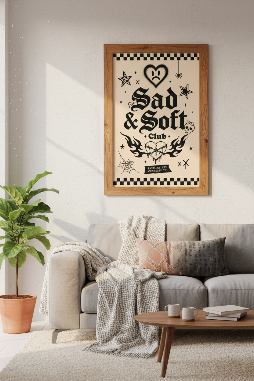 Sad &amp; Soft Club Wall Art | Vintage Tattoo Aesthetic | Black &amp; Cream Edgy Poster