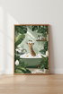 Giraffe in Bathtub Art | Sage Green Tropical Leaves, Whimsical Bathroom Decor