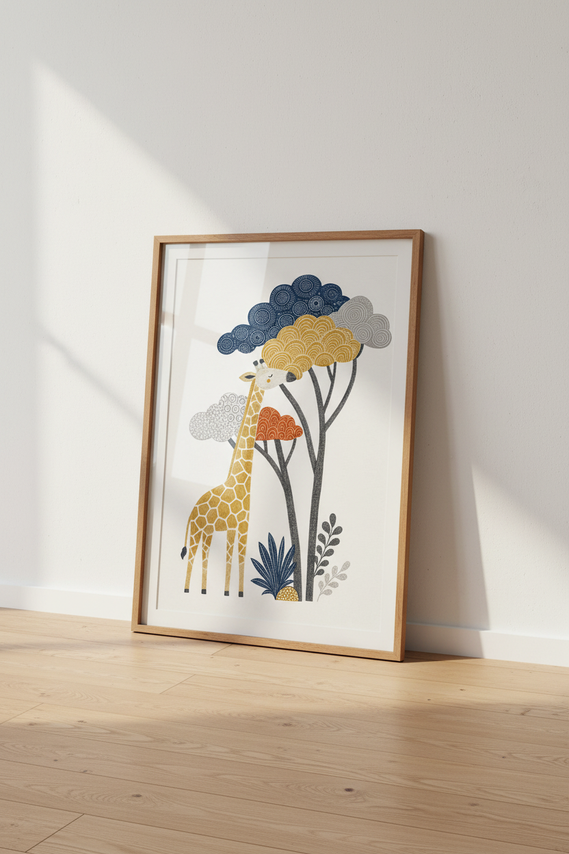 Giraffe &amp; Patterned Trees Art | Nursery Safari Decor | Boho Animal Poster