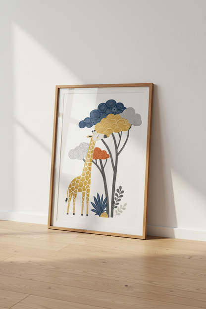 Giraffe &amp; Patterned Trees Art | Nursery Safari Decor | Boho Animal Poster