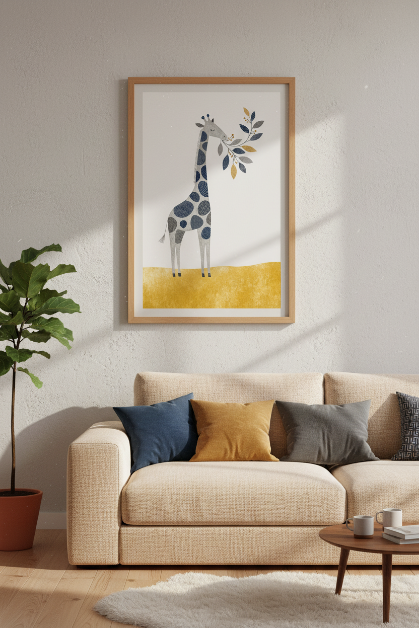 Boho Giraffe Wall Art Print | Navy Gold Nursery Decor | Modern Animal Poster
