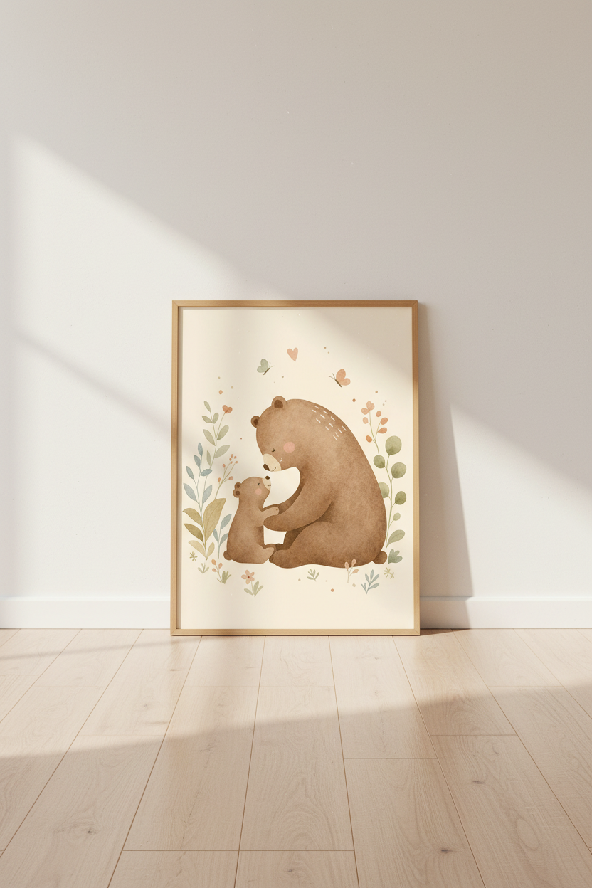 Sweet Mama Bear &amp; Cub Wall Art | Neutral Woodland Nursery Decor | Watercolor Poster