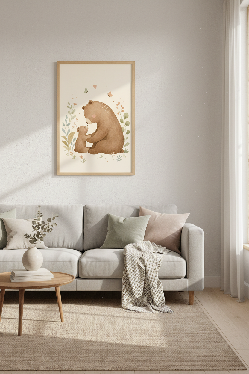 Sweet Mama Bear &amp; Cub Wall Art | Neutral Woodland Nursery Decor | Watercolor Poster