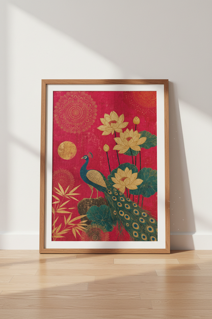 Peacock &amp; Lotus Wall Art | Gold Mandala Indian Decor | Boho Chic Poster